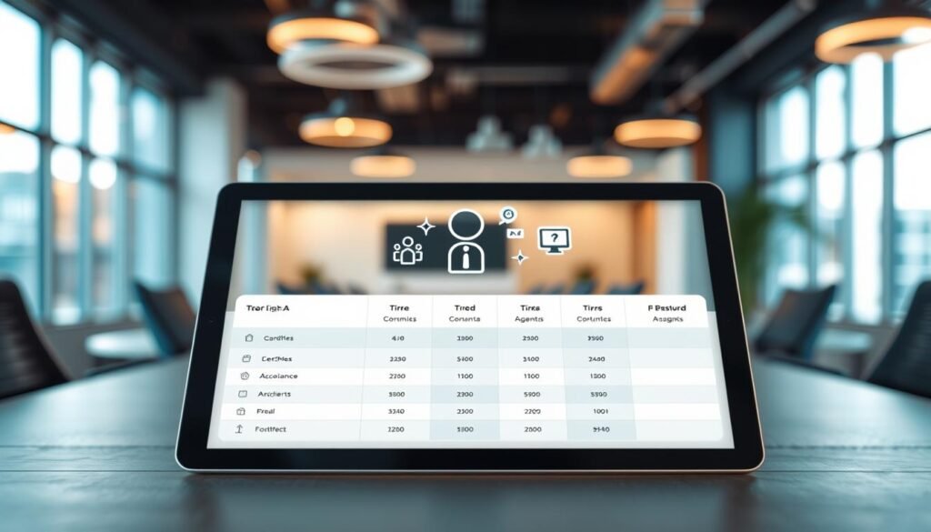 An informative and visually appealing image depicting "Luma AI Pricing and Credit Plans." In the foreground, display a sleek tablet showcasing a clear and organized pricing table with various tiers and credit options, set against a modern office desk. In the middle, include abstract icons symbolizing credits, agents, and AI technology, creating a sense of digital innovation. In the background, a soft-focus contemporary office environment with warm lighting and large windows to evoke a professional atmosphere. Emphasize a balanced color palette of blues, greens, and whites for a tech-savvy feel. Opt for a wide-angle view to capture the entire scene cohesively, ensuring no text or watermarks are present.