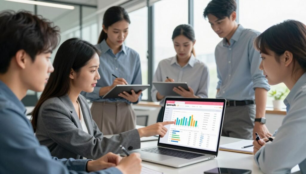 An office setting showcasing a diverse group of professionals discussing digital marketing strategies. In the foreground, a focused young woman in business attire is pointing at a large, colorful laptop screen displaying the Semrush dashboard filled with charts, graphs, and keyword analytics. In the middle, a collaborative team surrounds her, with another colleague taking notes on a digital tablet. The background features a modern office with large windows, letting in bright, natural light, enhancing the productive atmosphere. Soft shadows add depth to the scene, and the camera angle is slightly elevated, providing a comprehensive view of the team dynamic. The overall mood is energetic and collaborative, reflecting a professional workspace dedicated to enhancing digital marketing efforts.