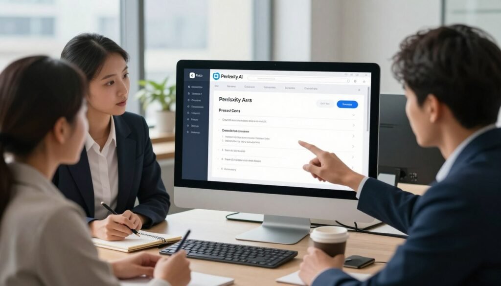 In a sleek and modern office environment, depict a digital workspace focusing on a computer screen displaying the Perplexity AI interface, showing the pros and cons listed clearly. In the foreground, a professional, diverse group of three individuals—two women and one man—are engaged in discussion, all dressed in smart business attire, with one pointing at the screen. The middle ground includes elements like a notepad, laptop, and a cup of coffee, symbolizing productivity. The background features a bright window with city views, suggesting innovation and progress. Use soft, natural lighting to create a warm, focused atmosphere, capturing a blend of curiosity and analytical thought, emphasizing the exploration of AI tools.