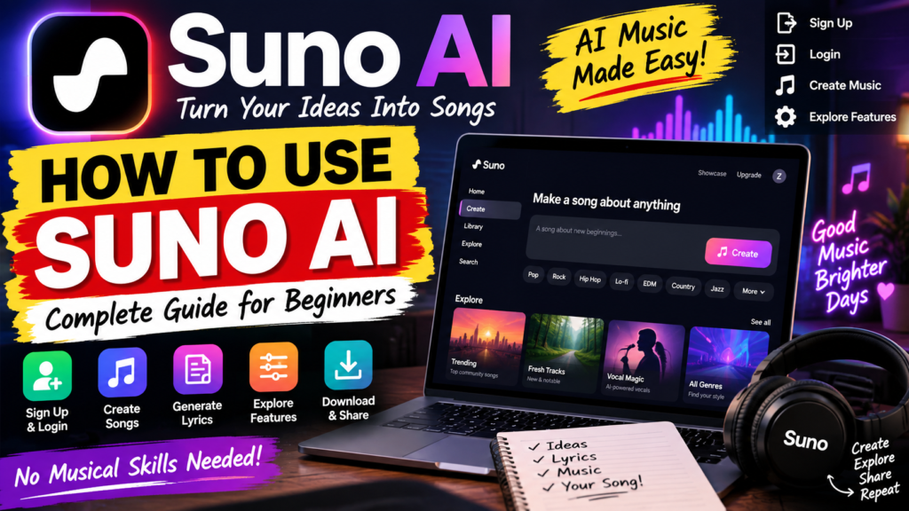 How to Use Suno AI in 2026: Complete Guide to Sign Up, Create Music & Explore Features