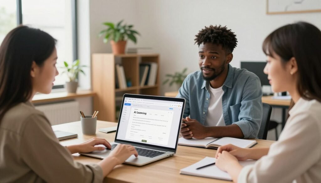 A beginner-friendly workspace focused on AI learning, featuring a well-organized desk with a sleek laptop open to a user-friendly AI website builder interface. In the foreground, a diverse group of three individuals—one woman of Asian descent, one man of African descent, and one woman of Caucasian descent—are engaged in discussion, all dressed in smart casual attire. The middle ground showcases a bookshelf filled with tech-related books and a potted plant for a touch of greenery. The background features a bright, inviting office space with large windows letting in natural light, enhancing the positive, motivating atmosphere. The image has a warm color palette, emphasizing an approachable vibe, as the lens captures the scene from a slightly elevated angle to convey a sense of inclusivity and learning. A beginner-friendly workspace focused on AI learning, featuring a well-organized desk with a sleek laptop open to a user-friendly AI website builder interface. In the foreground, a diverse group of three individuals—one woman of Asian descent, one man of African descent, and one woman of Caucasian descent—are engaged in discussion, all dressed in smart casual attire. The middle ground showcases a bookshelf filled with tech-related books and a potted plant for a touch of greenery. The background features a bright, inviting office space with large windows letting in natural light, enhancing the positive, motivating atmosphere. The image has a warm color palette, emphasizing an approachable vibe, as the lens captures the scene from a slightly elevated angle to convey a sense of inclusivity and learning.