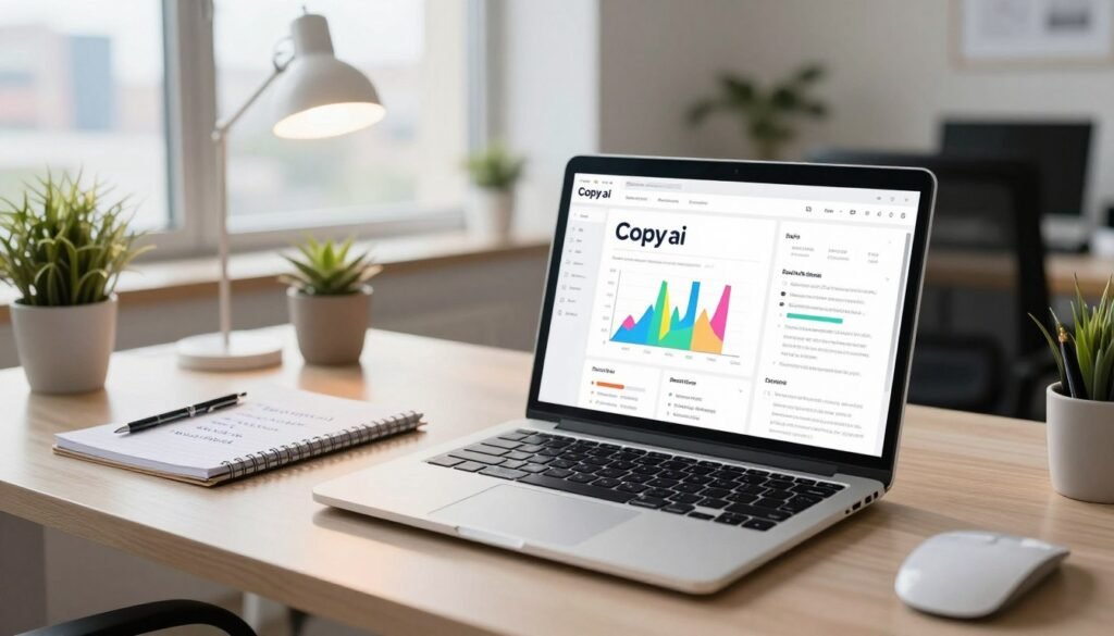 A bright and modern workspace illustrating the workflow of Copy.ai. In the foreground, a sleek laptop displays the Copy.ai interface with colorful graphs and content drafts on the screen. Beside it, a notepad with bullet points listing tips for better results in professional handwriting. In the middle ground, a well-organized desk with ergonomic accessories, a small potted plant, and a light source creating a warm glow. In the background, large windows allowing natural light to flood in, showcasing a city skyline. The overall atmosphere is productive and inspiring, with a fresh and innovative mood. The image should have a shallow depth of field to highlight the laptop. No text or overlays present. A bright and modern workspace illustrating the workflow of Copy.ai. In the foreground, a sleek laptop displays the Copy.ai interface with colorful graphs and content drafts on the screen. Beside it, a notepad with bullet points listing tips for better results in professional handwriting. In the middle ground, a well-organized desk with ergonomic accessories, a small potted plant, and a light source creating a warm glow. In the background, large windows allowing natural light to flood in, showcasing a city skyline. The overall atmosphere is productive and inspiring, with a fresh and innovative mood. The image should have a shallow depth of field to highlight the laptop. No text or overlays present.