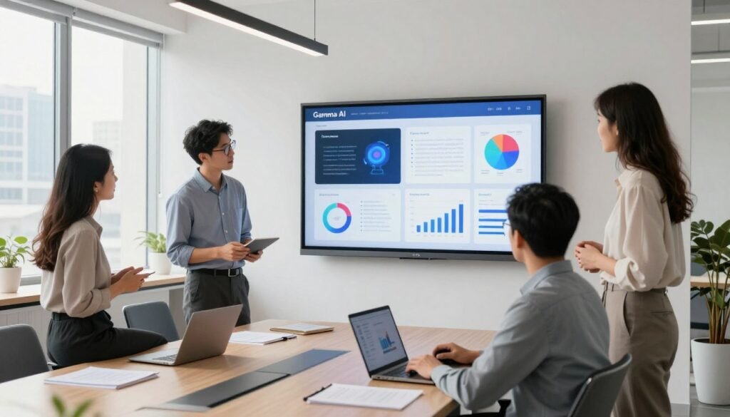 A bright, modern office space with a sleek, minimalist design. In the foreground, a diverse group of three professionals, a woman, a man, and another woman, are gathered around a large, ultra-high-definition screen displaying a well-organized presentation on Gamma AI, showcasing vibrant slides filled with visuals and graphs. Each individual is dressed in smart business attire, appearing engaged and focused. In the middle ground, a stylish conference table with laptops and notes scattered about enhances the collaborative atmosphere. The background features large windows with city views, allowing natural light to flood the room, creating a warm and inspiring environment. The overall mood is one of productivity and innovation, perfect for beginners learning how to create AI presentations. A bright, modern office space with a sleek, minimalist design. In the foreground, a diverse group of three professionals, a woman, a man, and another woman, are gathered around a large, ultra-high-definition screen displaying a well-organized presentation on Gamma AI, showcasing vibrant slides filled with visuals and graphs. Each individual is dressed in smart business attire, appearing engaged and focused. In the middle ground, a stylish conference table with laptops and notes scattered about enhances the collaborative atmosphere. The background features large windows with city views, allowing natural light to flood the room, creating a warm and inspiring environment. The overall mood is one of productivity and innovation, perfect for beginners learning how to create AI presentations.