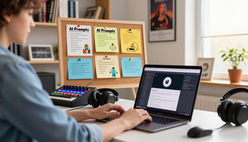 A bright, modern workspace filled with music production tools. In the foreground, a person in smart casual attire sits at a sleek desk, typing on a laptop with Udio AI software displayed on the screen. To the side, a colorful, illuminated sound mixer and headphones add to the ambiance. In the middle, a large corkboard is pinned with neatly arranged notes and tips on writing effective AI prompts, featuring bullet points and examples, all illustrated with vibrant colors. The background shows shelves lined with music production books and inspirational posters, softly lit with warm natural light coming from a window. The overall atmosphere is energetic and creative, inspiring beginners to harness the power of AI in music creation. A bright, modern workspace filled with music production tools. In the foreground, a person in smart casual attire sits at a sleek desk, typing on a laptop with Udio AI software displayed on the screen. To the side, a colorful, illuminated sound mixer and headphones add to the ambiance. In the middle, a large corkboard is pinned with neatly arranged notes and tips on writing effective AI prompts, featuring bullet points and examples, all illustrated with vibrant colors. The background shows shelves lined with music production books and inspirational posters, softly lit with warm natural light coming from a window. The overall atmosphere is energetic and creative, inspiring beginners to harness the power of AI in music creation.