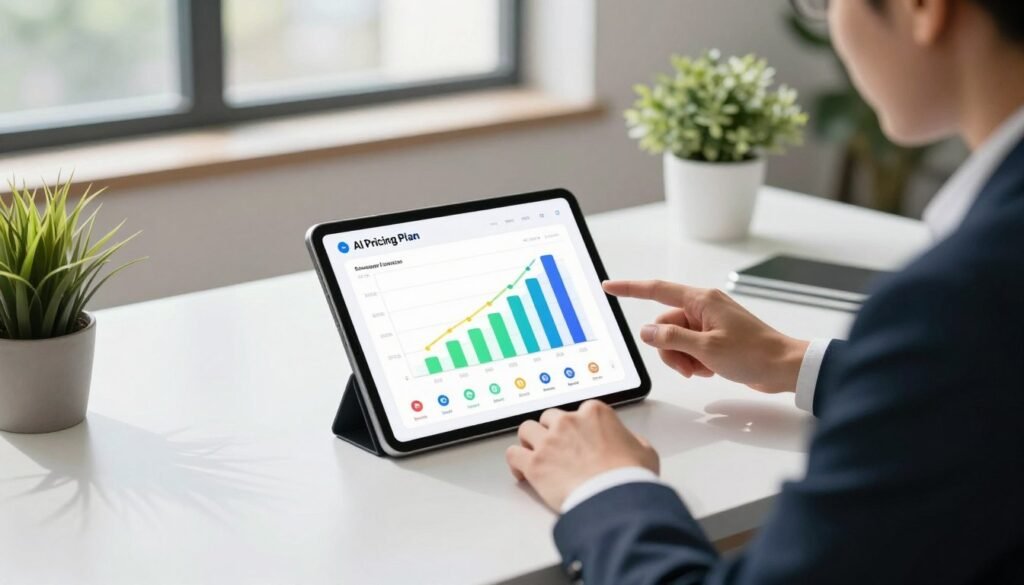 A clean and modern workspace with a sleek desk displaying a digital tablet showing simplified AI pricing plans. The tablet screen should feature colorful infographics and bar graphs illustrating different pricing tiers, with icons representing various AI features. In the foreground, a professional dressed in smart business attire is thoughtfully analyzing the tablet. The middle ground features a minimalist office setup with subtle greenery, like a small potted plant, adding a touch of warmth. The background reveals a large window with natural light streaming in, casting soft shadows. The overall atmosphere is one of clarity and professionalism, emphasizing innovation and accessibility in AI technology.