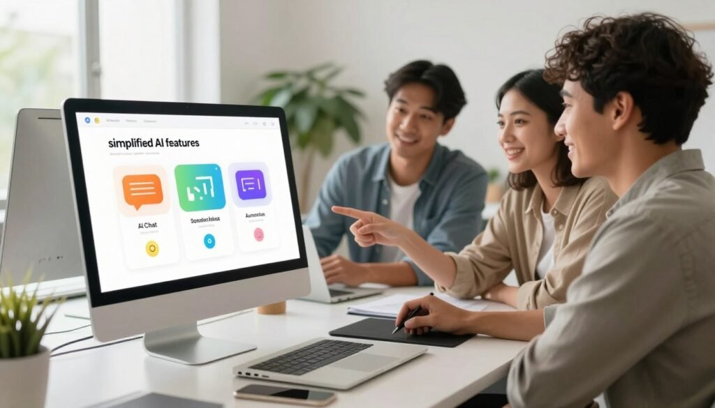 A clean, minimalist workspace featuring a modern desktop setup displaying a user-friendly interface showcasing "simplified AI features." In the foreground, a sleek laptop screen is tilted slightly towards the viewer, displaying icons representing various key features like AI chat, automation, and data analysis, all in vibrant colors. To the right, a diverse group of three professionals in smart casual attire are engaged in a discussion, pointing at the screen with smiles, conveying a collaborative atmosphere. The background is softly blurred, featuring indoor plants and a bright window, allowing warm, natural light to fill the room, creating an inviting and innovative mood. The composition is captured from a slightly elevated angle, enhancing the clarity and focus on the screen while subtly highlighting the professionals.