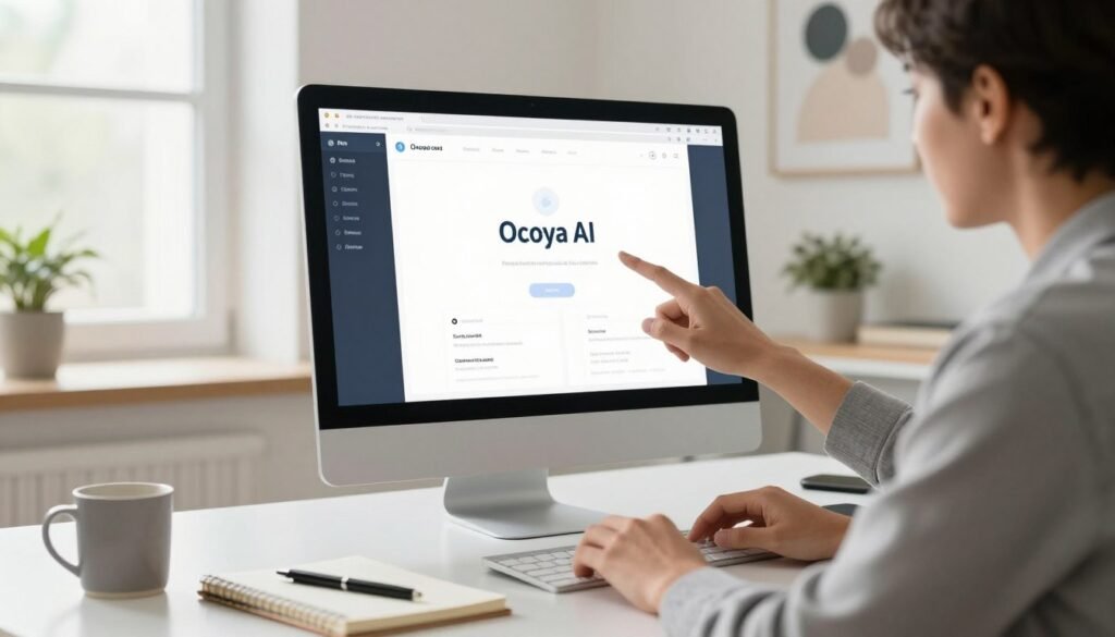 A clean, modern workspace featuring a computer screen displaying the Ocoya AI platform. In the foreground, a professional individual, dressed in smart casual attire, is shown intently working on the software, pointing at the screen with a focused expression. In the middle ground, we see a neatly organized desk with a notebook, a pen, and a coffee mug. Soft, natural lighting filters through a nearby window, creating a bright and inviting atmosphere. The background includes minimalistic decor, such as a plant and an abstract artwork, enhancing the overall professional mood. The camera angle is slightly tilted to capture the user’s engagement with the Ocoya AI interface, suggesting a step-by-step tutorial environment. A clean, modern workspace featuring a computer screen displaying the Ocoya AI platform. In the foreground, a professional individual, dressed in smart casual attire, is shown intently working on the software, pointing at the screen with a focused expression. In the middle ground, we see a neatly organized desk with a notebook, a pen, and a coffee mug. Soft, natural lighting filters through a nearby window, creating a bright and inviting atmosphere. The background includes minimalistic decor, such as a plant and an abstract artwork, enhancing the overall professional mood. The camera angle is slightly tilted to capture the user’s engagement with the Ocoya AI interface, suggesting a step-by-step tutorial environment.