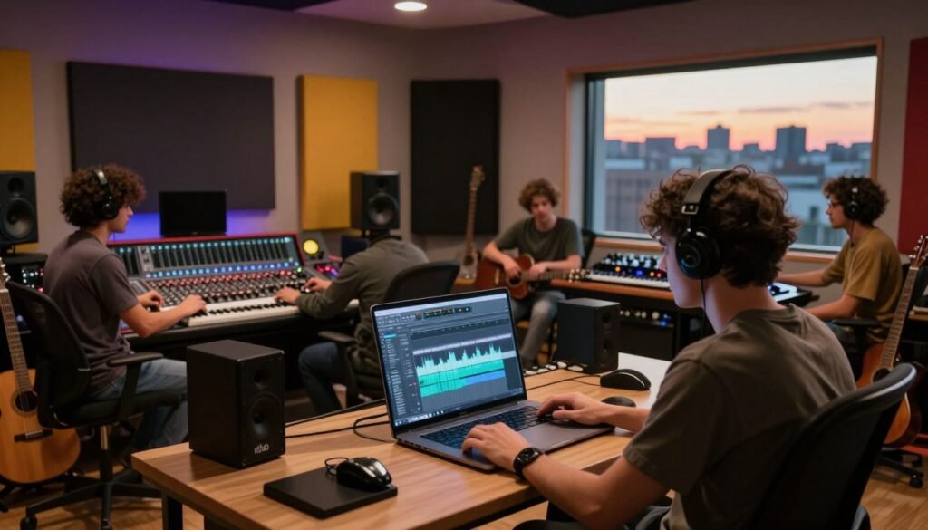A cozy, modern music studio filled with vibrant colors, showcasing a diverse group of individuals engaged in editing and improving AI-generated music. In the foreground, a focused individual seated at a sleek computer desk, using Udio software on their laptop, looks intently at audio waveforms on the screen. Nearby, another person adjusts audio levels on a professional mixing console, surrounded by musical instruments like guitars and keyboards. In the middle, soundproof panels adorn the walls, with dim, warm lighting creating an inviting atmosphere. In the background, a large window reveals a city skyline at sunset, adding a touch of tranquility. The overall mood is collaborative and creative, emphasizing the process of music-making with technology. A cozy, modern music studio filled with vibrant colors, showcasing a diverse group of individuals engaged in editing and improving AI-generated music. In the foreground, a focused individual seated at a sleek computer desk, using Udio software on their laptop, looks intently at audio waveforms on the screen. Nearby, another person adjusts audio levels on a professional mixing console, surrounded by musical instruments like guitars and keyboards. In the middle, soundproof panels adorn the walls, with dim, warm lighting creating an inviting atmosphere. In the background, a large window reveals a city skyline at sunset, adding a touch of tranquility. The overall mood is collaborative and creative, emphasizing the process of music-making with technology.