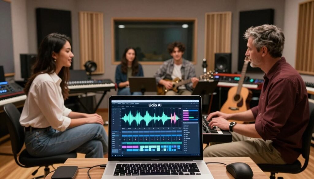 A cozy, modern recording studio environment, showcasing a diverse group of individuals, including a young woman in casual business attire and a middle-aged man in smart casual wear, actively engaged in creating music with a digital interface labeled "Udio AI." In the foreground, a sleek laptop displays the Udio interface, with colorful waveforms and music mixing tools on the screen. The middle layer includes various musical instruments, such as a keyboard and guitar, positioned thoughtfully around the studio. The background features soundproofing panels and soft ambient lighting creating an inviting and creative atmosphere. The mood is collaborative and inspiring, perfect for a beginner's guide to music creation with Udio. The scene conveys enthusiasm and innovation without any text or distractions. A cozy, modern recording studio environment, showcasing a diverse group of individuals, including a young woman in casual business attire and a middle-aged man in smart casual wear, actively engaged in creating music with a digital interface labeled "Udio AI." In the foreground, a sleek laptop displays the Udio interface, with colorful waveforms and music mixing tools on the screen. The middle layer includes various musical instruments, such as a keyboard and guitar, positioned thoughtfully around the studio. The background features soundproofing panels and soft ambient lighting creating an inviting and creative atmosphere. The mood is collaborative and inspiring, perfect for a beginner's guide to music creation with Udio. The scene conveys enthusiasm and innovation without any text or distractions.
