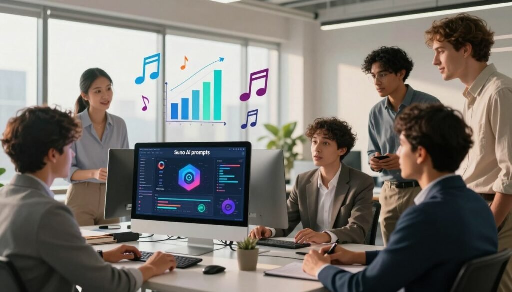 A creative workspace featuring a high-tech computer setup with a digital interface showcasing “Suno AI prompts” on the screen. In the foreground, a diverse group of professionals in business attire, engaged in an animated discussion, are brainstorming ideas. The middle ground includes vibrant graphs and music notes floating, symbolizing the creation process and features of Suno AI. The background features a bright, modern office environment with large windows letting in warm natural light, casting soft shadows. The atmosphere is collaborative and innovative, illustrating a sense of inspiration and creativity as they work together. Focus on clarity and detail to emphasize a productive, futuristic workspace. A creative workspace featuring a high-tech computer setup with a digital interface showcasing “Suno AI prompts” on the screen. In the foreground, a diverse group of professionals in business attire, engaged in an animated discussion, are brainstorming ideas. The middle ground includes vibrant graphs and music notes floating, symbolizing the creation process and features of Suno AI. The background features a bright, modern office environment with large windows letting in warm natural light, casting soft shadows. The atmosphere is collaborative and innovative, illustrating a sense of inspiration and creativity as they work together. Focus on clarity and detail to emphasize a productive, futuristic workspace.