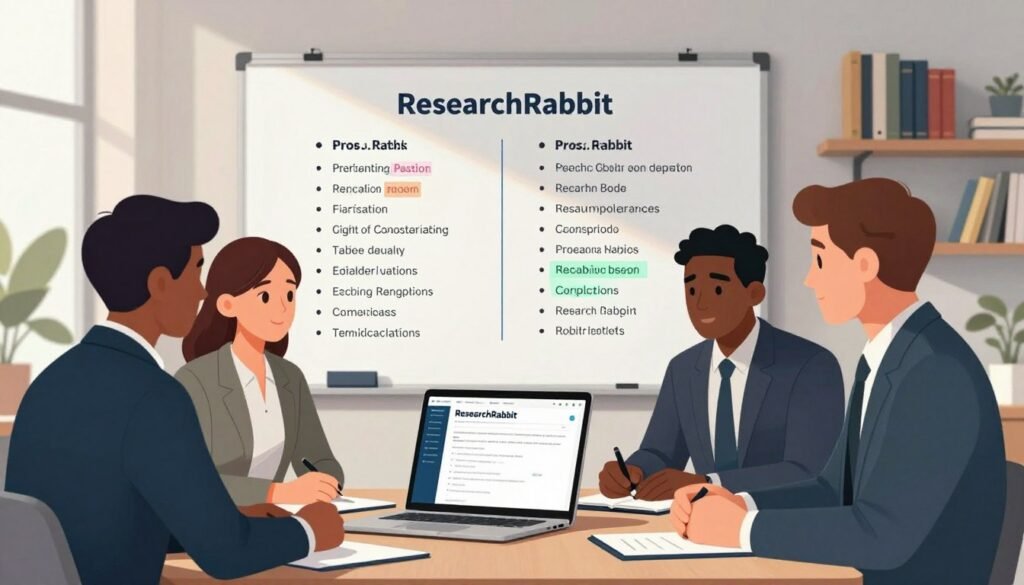 A detailed digital illustration depicting a professional setting focused on the pros and cons of ResearchRabbit. In the foreground, a diverse group of three professionals—two men and one woman—are engaged in a discussion around a laptop displaying the ResearchRabbit interface. They are dressed in smart business attire, appearing focused and analytical. In the middle ground, a large whiteboard features a balanced pros and cons list, filled with bullet points highlighted in contrasting colors. The background consists of a modern office environment with shelves lined with books about AI research, soft natural light streaming through large windows, casting gentle shadows. The overall mood is collaborative and innovative, emphasizing a thoughtful evaluation of ResearchRabbit's impact on AI research.