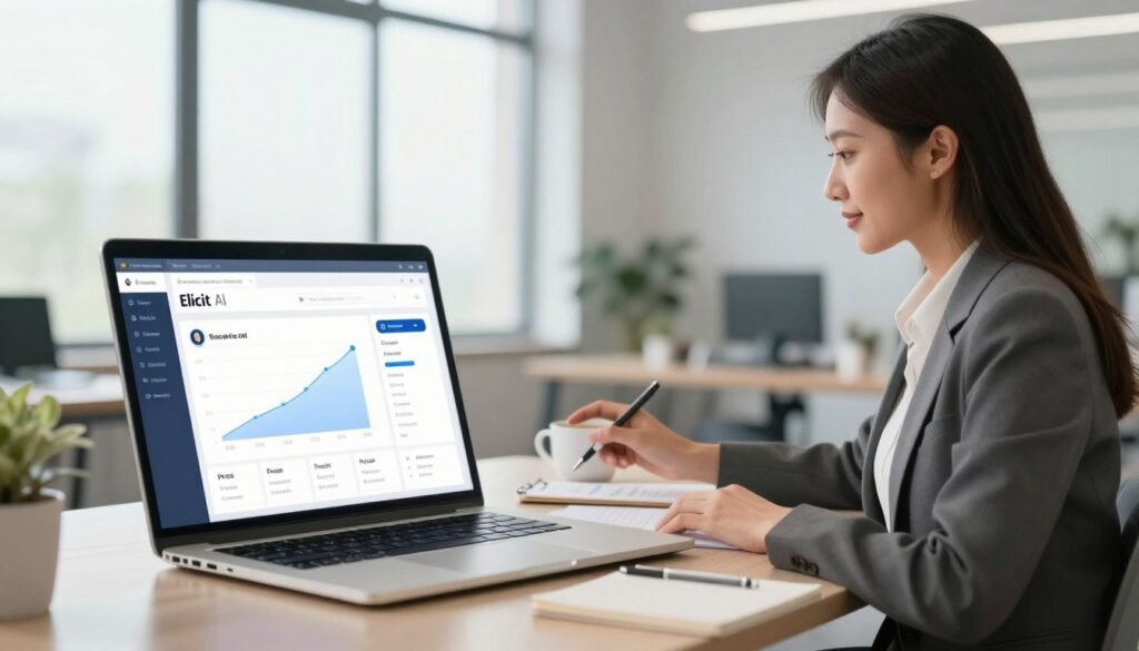 A digital illustration of a modern office environment showcasing a review of Elicit AI. In the foreground, a laptop is open displaying an Elicit AI interface with graphs and user feedback. To the side, a confident professional woman in business attire is analyzing the data, emphasizing the pros and cons. In the middle ground, a stylish desk with research materials, a notepad, and a coffee cup create a productive atmosphere. The background features a large window with natural light pouring in, illuminating the scene and giving it an optimistic feel. The overall mood is analytical and focused, highlighting the essence of using Elicit AI for research purposes. The image should have a clean, polished look, with a slightly blurred depth of field to draw attention to the foreground. A digital illustration of a modern office environment showcasing a review of Elicit AI. In the foreground, a laptop is open displaying an Elicit AI interface with graphs and user feedback. To the side, a confident professional woman in business attire is analyzing the data, emphasizing the pros and cons. In the middle ground, a stylish desk with research materials, a notepad, and a coffee cup create a productive atmosphere. The background features a large window with natural light pouring in, illuminating the scene and giving it an optimistic feel. The overall mood is analytical and focused, highlighting the essence of using Elicit AI for research purposes. The image should have a clean, polished look, with a slightly blurred depth of field to draw attention to the foreground.