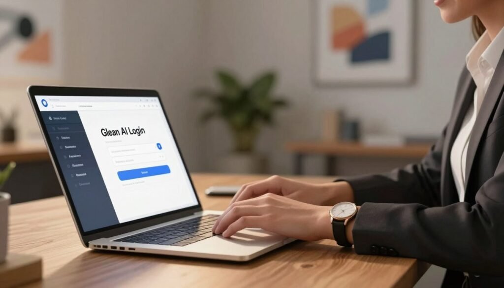A digital illustration of a professional and user-friendly "Glean AI Login" interface displayed on a sleek laptop. In the foreground, show the laptop with a modern, clean design, positioned on a stylish wooden desk with a soft, ambient light illuminating the scene. In the middle ground, include a pair of hands typing on the keyboard, adorned with a simple, elegant wristwatch, wearing a professional outfit. The background features a softly blurred office environment with motivational artwork on the walls, and a potted plant adding a touch of greenery. The overall atmosphere is one of focus and productivity, evoking the feeling of a motivated business team ready to leverage AI tools for success. The lighting is warm and inviting, with a slight glow emanating from the laptop screen.
