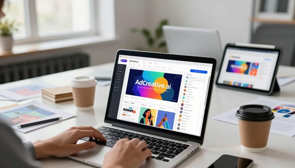 A digital workspace scene showcasing the process of creating ad creatives using AdCreative.ai. In the foreground, a laptop displays the user interface of AdCreative.ai, featuring vibrant ad samples and templates; a person's hands on the keyboard indicate active engagement. The middle ground features a modern, stylish office environment with a large desk cluttered with design materials, coffee cups, and a tablet displaying alternative ad design tools. The background features a large window with natural light streaming in, illuminating the workspace, creating a productive atmosphere. The mood is professional yet innovative, capturing the essence of digital marketing creativity. High-resolution with a soft focus on the background to emphasize the laptop and the design tools. A digital workspace scene showcasing the process of creating ad creatives using AdCreative.ai. In the foreground, a laptop displays the user interface of AdCreative.ai, featuring vibrant ad samples and templates; a person's hands on the keyboard indicate active engagement. The middle ground features a modern, stylish office environment with a large desk cluttered with design materials, coffee cups, and a tablet displaying alternative ad design tools. The background features a large window with natural light streaming in, illuminating the workspace, creating a productive atmosphere. The mood is professional yet innovative, capturing the essence of digital marketing creativity. High-resolution with a soft focus on the background to emphasize the laptop and the design tools.