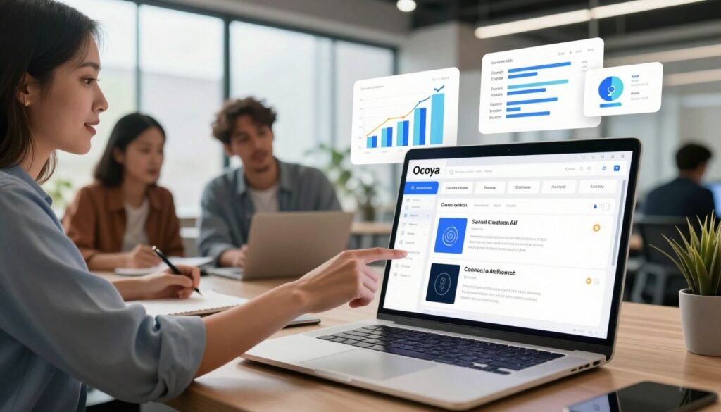 A digital workspace showcasing the Ocoya AI content creation tool in action. In the foreground, a sleek laptop displays the Ocoya AI interface, highlighting key features like social media scheduling, analytics, and post creation templates. To the left, a diverse group of three professionals, casually dressed, engage in a discussion, pointing at the laptop screen while taking notes. In the middle ground, vibrant charts and graphs float above the laptop, illustrating data-driven insights. The background is a modern office space with large windows, allowing natural light to illuminate the scene, creating an optimistic and productive atmosphere. The overall mood is collaborative and innovative, reflecting the dynamic capabilities of Ocoya AI. A digital workspace showcasing the Ocoya AI content creation tool in action. In the foreground, a sleek laptop displays the Ocoya AI interface, highlighting key features like social media scheduling, analytics, and post creation templates. To the left, a diverse group of three professionals, casually dressed, engage in a discussion, pointing at the laptop screen while taking notes. In the middle ground, vibrant charts and graphs float above the laptop, illustrating data-driven insights. The background is a modern office space with large windows, allowing natural light to illuminate the scene, creating an optimistic and productive atmosphere. The overall mood is collaborative and innovative, reflecting the dynamic capabilities of Ocoya AI.
