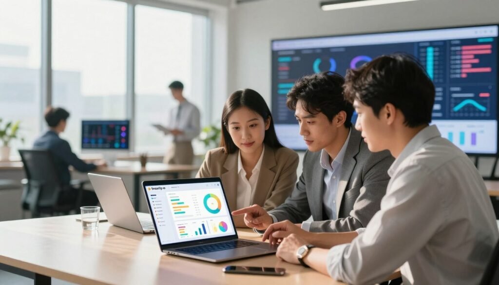 A dynamic digital workspace depicting the advanced features of Smartly.io, which showcases innovative AI advertising solutions. In the foreground, a diverse group of three professionals, two men and one woman dressed in smart business attire, collaboratively analyzing a colorful dashboard filled with data analytics and performance metrics on a sleek laptop. The middle ground features a modern office environment with large windows allowing natural light to flood in, casting soft shadows. In the background, blurred silhouettes of large screens displaying captivating advertising visuals and campaign graphs enhance the tech-savvy atmosphere. The scene emanates a sense of inspiration, focus, and collaboration, with a bright, inviting color palette that reflects creativity and efficiency in digital advertising. Soft bokeh effects add dimension to the overall composition.