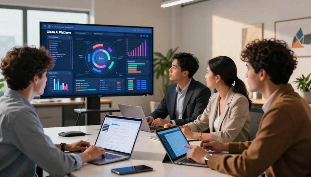 A dynamic office environment depicting the "Glean AI Platform" in action. In the foreground, a diverse team of three professionals, dressed in smart business attire, collaborates around a sleek table covered with digital tablets and laptops, showcasing the interface of the Glean AI tool. In the middle ground, a large, interactive digital screen displays visually engaging AI analytics, with colorful graphs and data points. In the background, modern office decor including plants and artwork enhances the atmosphere of innovation and productivity. Warm, natural lighting floods the room, casting soft shadows to create a welcoming yet focused mood. The angle captures the energizing spirit of teamwork and technology integration in a contemporary workspace.