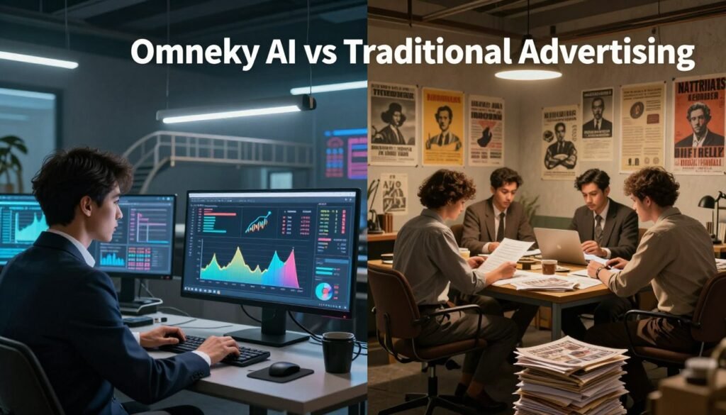 A dynamic split-scene composition illustrating "Omneky AI vs Traditional Advertising". In the foreground, on the left, a sleek, modern workspace features a confident professional in business attire, analyzing data on a sleek computer interface displaying vibrant graphs and AI-driven marketing metrics. On the right, contrasting with a vintage feel, an old-fashioned advertising agency filled with retro posters and a cluttered desk where an overloaded team of professionals is surrounded by stacks of paper and print ads. The middle ground joins both worlds, showing a digital bridge representing the transition from past to future. Bright LED lights illuminate the AI side, while softer, warm lighting envelops the traditional side, creating an atmosphere of innovation meeting tradition. The camera angle is slightly elevated, capturing both sides in a compelling and thought-provoking manner.