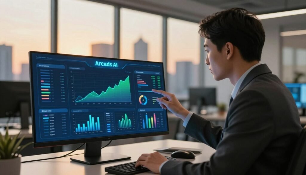 A futuristic Arcads AI dashboard displayed on a sleek computer screen in a modern office environment. The foreground features a close-up of the dashboard with vibrant data visualizations, such as graphs and charts in rich colors like blue and green, reflecting analytics trends. The middle section shows a professional-looking individual studying the dashboard, dressed in smart business attire, intently engaged in the data analysis. In the background, large windows reveal a city skyline during sunset, casting warm golden light into the room. Soft shadows enhance the ambiance, creating a focused yet inviting atmosphere. The image should capture a sense of innovation and professionalism without any text or branding.
