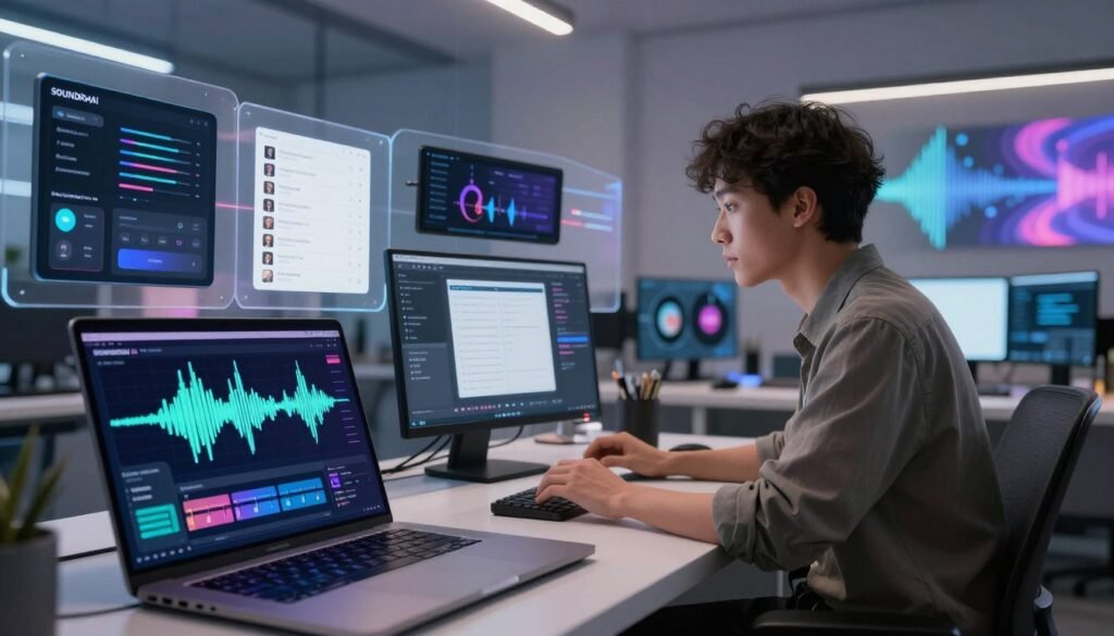 A futuristic and sleek workspace illustrating the innovative features of SOUNDRAW AI for music generation. In the foreground, a modern laptop displays a dynamic interface with vibrant sound waves and music tracks visualized on the screen. In the middle, a professional in smart casual attire interacts with the software, adjusting settings with a look of concentration. Surrounding the workspace, translucent screens showcase various SOUNDRAW features like AI composition tools and user-friendly playlists. The background features soft ambient lighting enhancing the tech-savvy atmosphere, with abstract digital artwork related to sound and creativity. The overall mood is inspiring and cutting-edge, emphasizing the possibilities of AI in music creation in 2026.