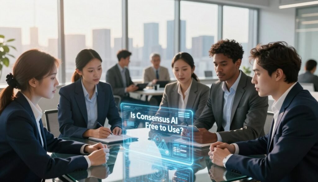 A futuristic digital workspace featuring a diverse group of professionals engaged in a brainstorming session about Consensus AI. In the foreground, three individuals of varying ethnicities, dressed in smart business attire, are gathered around a sleek glass table, examining a holographic display showing the words "Is Consensus AI Free to Use?" and various graphical data. In the middle ground, additional colleagues are seated, engaging in deep conversation, with one person taking notes on a tablet. The background has a large window revealing a city skyline, bathed in warm afternoon sunlight, creating a collaborative and optimistic atmosphere. The image incorporates subtle lighting effects to highlight the holographic display. The angle is slightly elevated, providing a comprehensive view of the workspace dynamic.