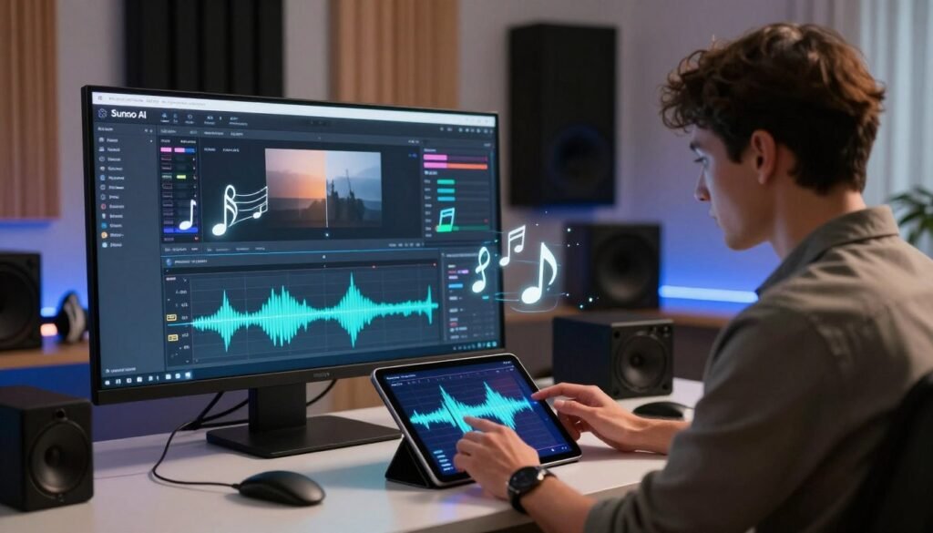 A futuristic digital workspace featuring a sleek interface of Suno AI, showcasing its music editing features. In the foreground, a professional-looking individual, dressed in smart casual attire, is seated at a modern desk, intently using a tablet with vibrant musical waveforms displayed. The middle layer features floating holographic music notes and sound elements, illustrating the processes of editing, extending, and remixing songs. In the background, a stylish home studio with acoustic panels and soft ambient lighting creates a creative atmosphere. The room is warmly lit, with a hint of blue LED accents, giving a tech-savvy vibe while maintaining focus on the individual’s interaction with the Suno AI system. The overall mood is inspiring and dynamic, embodying innovation in music creation. A futuristic digital workspace featuring a sleek interface of Suno AI, showcasing its music editing features. In the foreground, a professional-looking individual, dressed in smart casual attire, is seated at a modern desk, intently using a tablet with vibrant musical waveforms displayed. The middle layer features floating holographic music notes and sound elements, illustrating the processes of editing, extending, and remixing songs. In the background, a stylish home studio with acoustic panels and soft ambient lighting creates a creative atmosphere. The room is warmly lit, with a hint of blue LED accents, giving a tech-savvy vibe while maintaining focus on the individual’s interaction with the Suno AI system. The overall mood is inspiring and dynamic, embodying innovation in music creation.