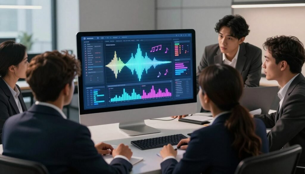 A futuristic digital workspace featuring an AI music generator interface on a sleek computer screen. In the foreground, a diverse group of professionals dressed in smart business attire is intently discussing the generator's features. The middle layer showcases the glowing, high-tech screen displaying colorful sound waves and music notes, illustrating the creative process. The background is a modern office with minimalist design, soft ambient lighting creating an inviting atmosphere. The mood is productive and innovative, emphasizing collaboration and creativity in music generation. The scene is captured from a slightly elevated angle to highlight the interaction between the professionals and the technology, with a focus on clarity and detail in the digital display. A futuristic digital workspace featuring an AI music generator interface on a sleek computer screen. In the foreground, a diverse group of professionals dressed in smart business attire is intently discussing the generator's features. The middle layer showcases the glowing, high-tech screen displaying colorful sound waves and music notes, illustrating the creative process. The background is a modern office with minimalist design, soft ambient lighting creating an inviting atmosphere. The mood is productive and innovative, emphasizing collaboration and creativity in music generation. The scene is captured from a slightly elevated angle to highlight the interaction between the professionals and the technology, with a focus on clarity and detail in the digital display.