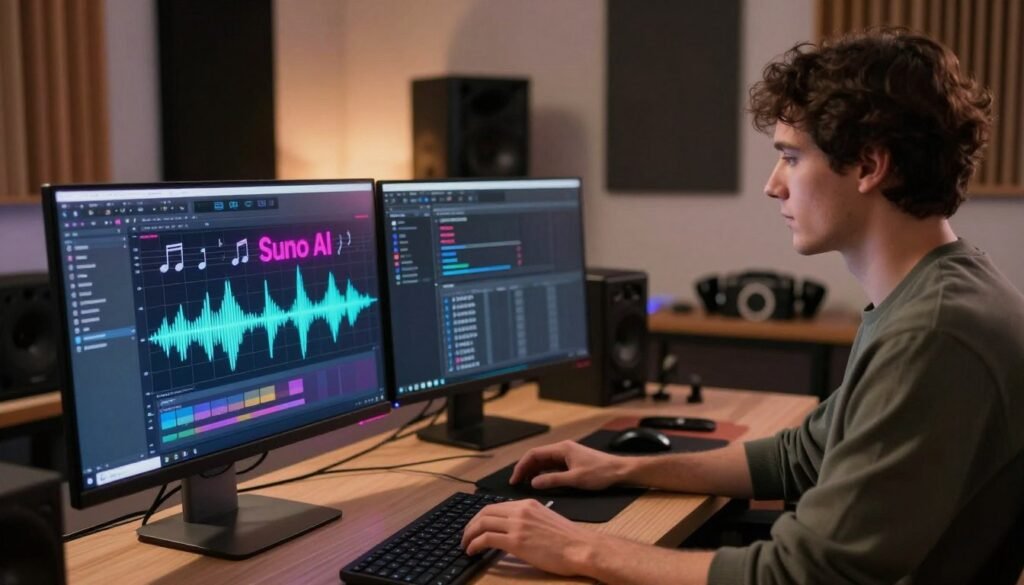 A futuristic digital workspace showcasing "Suno AI", an advanced AI music generator. In the foreground, a sleek, modern computer with a vibrant interface displaying musical notes and waveforms, reflecting the creative process. The middle layer features a professional individual, dressed in smart casual attire, interacting with the software, showcasing engagement and innovation. The background includes a softly lit room filled with acoustic panels and music production gear, hinting at a studio environment. Soft, ambient lighting casts a warm glow, creating a creative and inspiring atmosphere. The angle should be slightly above eye level, giving a comprehensive view of the workspace while emphasizing the technology at play. A futuristic digital workspace showcasing "Suno AI", an advanced AI music generator. In the foreground, a sleek, modern computer with a vibrant interface displaying musical notes and waveforms, reflecting the creative process. The middle layer features a professional individual, dressed in smart casual attire, interacting with the software, showcasing engagement and innovation. The background includes a softly lit room filled with acoustic panels and music production gear, hinting at a studio environment. Soft, ambient lighting casts a warm glow, creating a creative and inspiring atmosphere. The angle should be slightly above eye level, giving a comprehensive view of the workspace while emphasizing the technology at play.