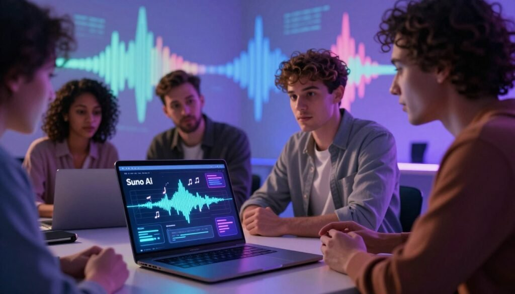 A futuristic digital workspace showcasing an AI music creation tool named "Suno AI." In the foreground, a sleek, modern laptop is open with a vibrant interface displaying sound waves and musical notes, surrounded by glowing graphics that suggest creativity and innovation. In the middle ground, a diverse group of three professionals—two men and one woman—are engaged in discussion, wearing smart casual attire, and looking at the laptop with expressions of curiosity and focus. In the background, colorful soundwave patterns are projected on a wall, creating an immersive atmosphere filled with creative energy. The lighting is warm and inviting, with soft blue and purple hues dominating the scene, giving it a tech-inspired ambient glow. The overall mood is inspiring and collaborative, reflecting the pros and cons of using AI in music creation. A futuristic digital workspace showcasing an AI music creation tool named "Suno AI." In the foreground, a sleek, modern laptop is open with a vibrant interface displaying sound waves and musical notes, surrounded by glowing graphics that suggest creativity and innovation. In the middle ground, a diverse group of three professionals—two men and one woman—are engaged in discussion, wearing smart casual attire, and looking at the laptop with expressions of curiosity and focus. In the background, colorful soundwave patterns are projected on a wall, creating an immersive atmosphere filled with creative energy. The lighting is warm and inviting, with soft blue and purple hues dominating the scene, giving it a tech-inspired ambient glow. The overall mood is inspiring and collaborative, reflecting the pros and cons of using AI in music creation.