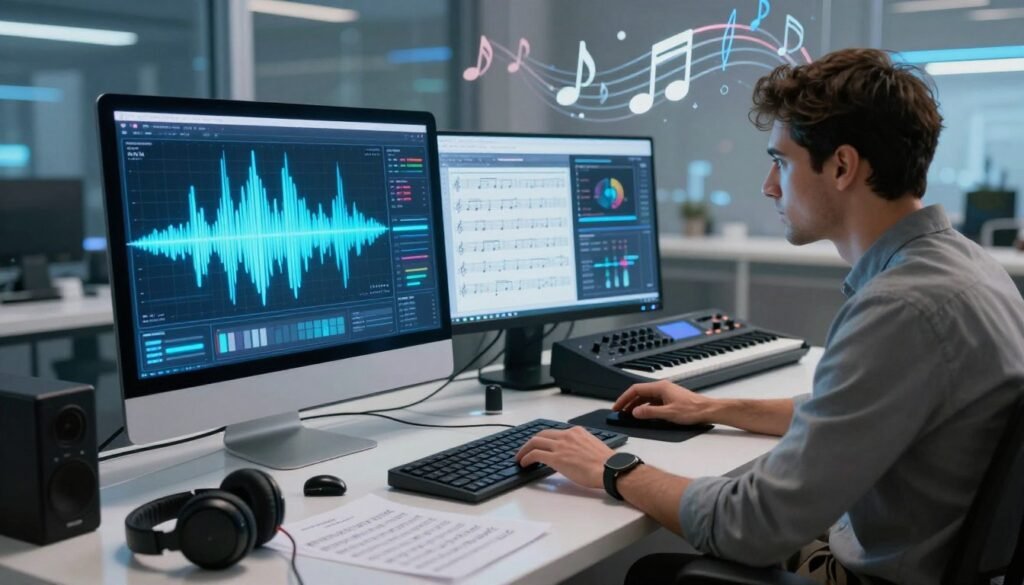 A futuristic music generation interface displaying AIVA AI in a sleek, digital workspace. In the foreground, a high-tech computer screen showcases vibrant sound waveforms and musical notation, illuminated by a soft blue light. A professional-looking individual in business casual attire intently monitors the data, surrounded by a mix of digital music instruments like synthesizers and midi controllers. In the middle, the workspace is cluttered but organized with music sheets, headphones, and creative tools, reflecting an innovative and inviting atmosphere. In the background, abstract musical notes swirl through a luminous, tech-themed environment, symbolizing creativity in AI-generated music. The lighting is bright yet ambient, casting subtle reflections on glass surfaces, creating an inspiring, artistic mood.