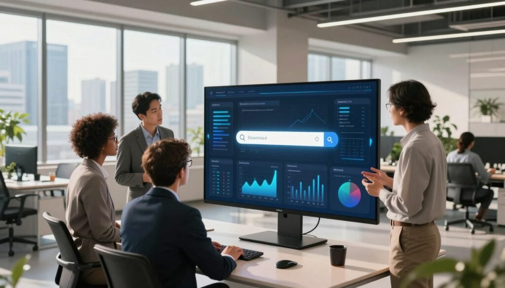 A futuristic office environment showcasing enterprise AI search technology. In the foreground, a diverse group of four professionals, dressed in tailored business attire, engage in a discussion around a sleek, modern digital display showcasing an AI search interface filled with data visualizations, graphs, and analytics. In the middle ground, large windows reveal a bustling cityscape under bright daylight, emphasizing innovation and progress. The background features an open workspace adorned with minimalist furniture and greenery, creating a harmonious atmosphere. The lighting is bright but warm, with soft shadows that enhance the professionalism of the environment. Overall, the scene conveys a mood of collaboration and technological advancement, highlighting the transformative impact of AI in business teams.