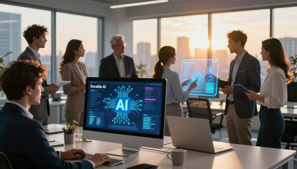 A futuristic office environment showcasing the concept of "Durable AI" features. In the foreground, a sleek desktop computer displays a vibrant user interface with visual elements symbolizing artificial intelligence, such as circuit patterns and data analytics graphs. In the middle, a diverse group of professionals in smart business attire are engaged in a brainstorming session, examining holographic displays of AI tools. The background features large windows with a city skyline, illuminated by golden hour sunlight streaming in, creating a warm and optimistic atmosphere. The lighting is soft yet focused, emphasizing the interaction between the team and the technology. The entire scene conveys a sense of innovation and collaboration, capturing the essence of Durable AI's advantages and considerations. A futuristic office environment showcasing the concept of "Durable AI" features. In the foreground, a sleek desktop computer displays a vibrant user interface with visual elements symbolizing artificial intelligence, such as circuit patterns and data analytics graphs. In the middle, a diverse group of professionals in smart business attire are engaged in a brainstorming session, examining holographic displays of AI tools. The background features large windows with a city skyline, illuminated by golden hour sunlight streaming in, creating a warm and optimistic atmosphere. The lighting is soft yet focused, emphasizing the interaction between the team and the technology. The entire scene conveys a sense of innovation and collaboration, capturing the essence of Durable AI's advantages and considerations.