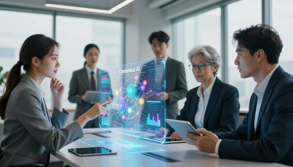 A futuristic scene showcasing the concept of "Consensus AI" where diverse professionals, dressed in smart business attire, are gathered around a large, interactive holographic display. In the foreground, a thoughtful woman points toward the hologram illustrating data and graphs, while a man beside her examines the information with a tablet in hand. In the middle, vibrant projections of interconnected nodes and data streams float above a sleek conference table, symbolizing collaboration and innovation. The background features a modern office with large windows letting in natural light, softening the high-tech ambiance. The overall atmosphere is dynamic and engaging, suggesting a productive discussion that embodies teamwork and strategic decision-making. Use sharp focus on subjects with a slight blur in the background to enhance depth.