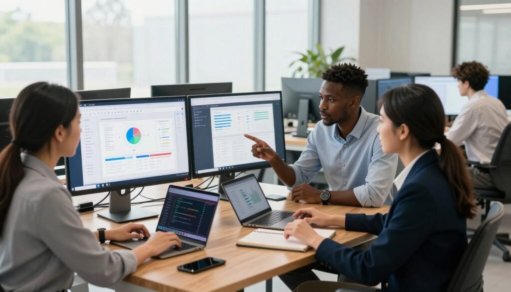 A futuristic workspace featuring an array of AI content tool alternatives displayed on sleek, modern computer screens. In the foreground, a diverse group of three professionals—one woman of Asian descent in business attire, one Black man in a smart casual shirt, and one Hispanic woman in a blazer—are engaged in a discussion, analyzing the screens in deep conversation. In the middle background, stylish tech gadgets and notebooks with graphs and flowcharts are arranged neatly on a polished wooden desk. The setting is illuminated with bright, natural light streaming through large windows, creating a welcoming and innovative atmosphere. The overall mood is collaborative and inspiring, reflecting a dynamic environment for exploring AI content tools. The perspective is slightly angled, capturing the vibrancy of the workspace without distractions or text.