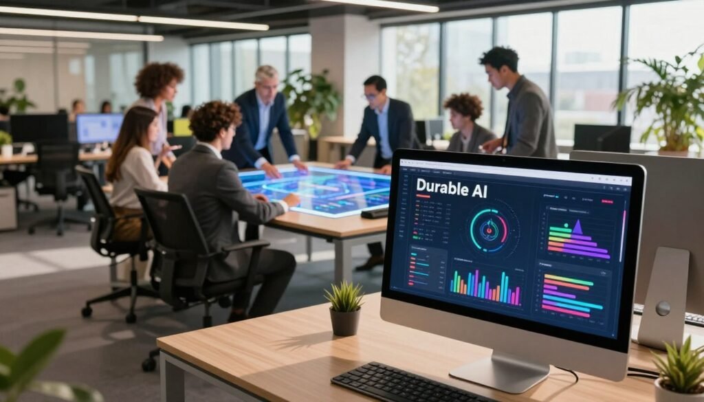 A futuristic workspace showcasing the key features of Durable AI. In the foreground, a sleek, modern computer displays an intuitive interface with colorful graphs and design elements representing user-friendly AI tools. Midground features a diverse group of professionals in business attire, collaborating, and brainstorming around a large touchscreen table, showcasing teamwork and innovation. The background is an open office space filled with greenery and large windows allowing natural light to stream in, creating a vibrant and inviting atmosphere. Soft shadows and warm lighting enhance the mood of creativity and collaboration. Use a wide-angle lens to capture the entire scene, highlighting the dynamic interaction between technology and people. A futuristic workspace showcasing the key features of Durable AI. In the foreground, a sleek, modern computer displays an intuitive interface with colorful graphs and design elements representing user-friendly AI tools. Midground features a diverse group of professionals in business attire, collaborating, and brainstorming around a large touchscreen table, showcasing teamwork and innovation. The background is an open office space filled with greenery and large windows allowing natural light to stream in, creating a vibrant and inviting atmosphere. Soft shadows and warm lighting enhance the mood of creativity and collaboration. Use a wide-angle lens to capture the entire scene, highlighting the dynamic interaction between technology and people.