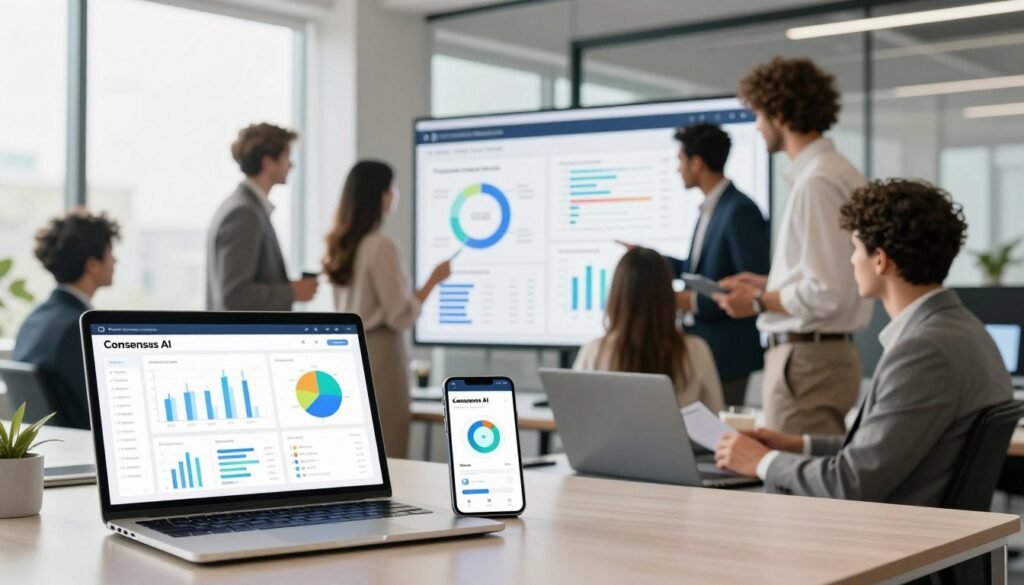 A high-tech digital workspace illustrating the key features of Consensus AI. In the foreground, a sleek laptop and smartphone display interactive graphs and AI analytics, showcasing user-friendly interfaces. In the middle layer, a diverse group of professionals, dressed in smart business attire, collaborate over data on a digital board, demonstrating features like predictive analytics, real-time collaboration, and automated insights. The background features a modern office with large windows, casting soft, natural light that creates a bright, uplifting atmosphere. The overall mood is innovative and inspiring, emphasizing teamwork and the transformative power of AI technology. The scene captures a moment of engagement and exploration in the domain of consensus-driven decision-making.