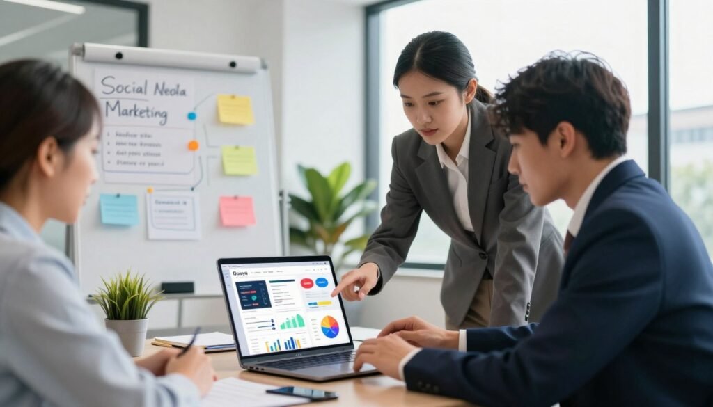 A highly detailed, informative scene illustrating the use of Ocoya AI for social media marketing. In the foreground, a diverse group of three professionals in business attire are collaborating over a sleek laptop, showcasing vibrant analytics and content examples on the screen. In the middle ground, a modern office environment with tasteful decor includes a whiteboard filled with strategic plans for social media campaigns and colorful graphics symbolizing different platforms. The background features large windows with natural light streaming in, creating a bright, encouraging atmosphere. Use soft, diffused lighting to enhance focus on the team while incorporating a shallow depth of field to add depth. The mood should be dynamic and collaborative, emphasizing teamwork and innovation in digital marketing. A highly detailed, informative scene illustrating the use of Ocoya AI for social media marketing. In the foreground, a diverse group of three professionals in business attire are collaborating over a sleek laptop, showcasing vibrant analytics and content examples on the screen. In the middle ground, a modern office environment with tasteful decor includes a whiteboard filled with strategic plans for social media campaigns and colorful graphics symbolizing different platforms. The background features large windows with natural light streaming in, creating a bright, encouraging atmosphere. Use soft, diffused lighting to enhance focus on the team while incorporating a shallow depth of field to add depth. The mood should be dynamic and collaborative, emphasizing teamwork and innovation in digital marketing.