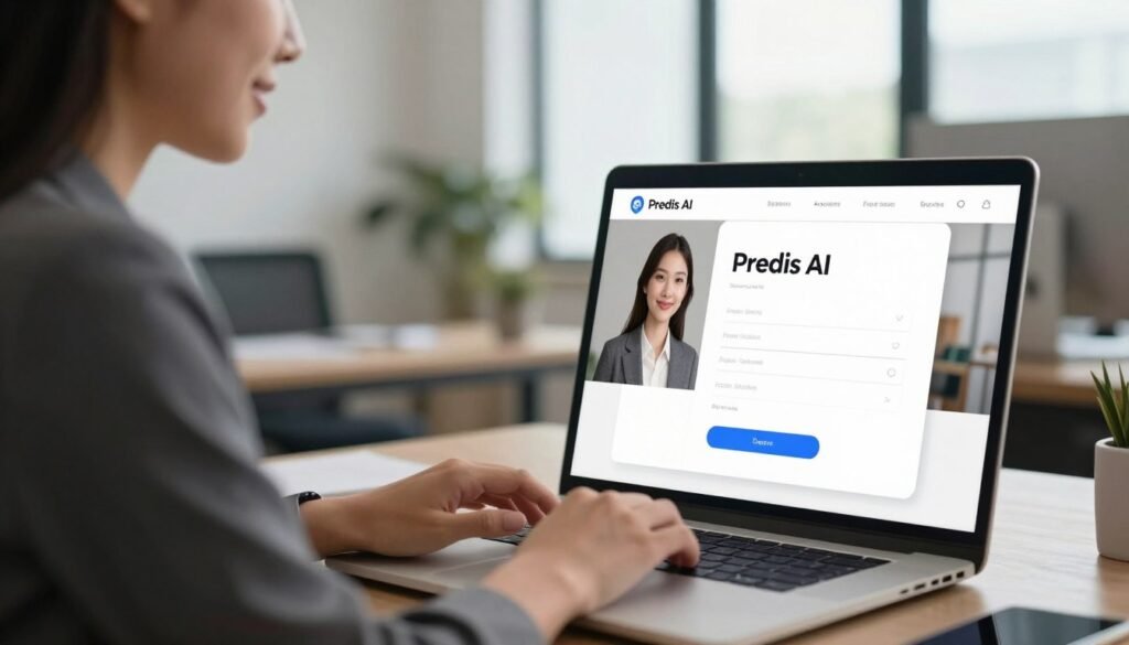 A modern and sleek digital workspace featuring a laptop displaying the Predis AI sign-up page prominently in the foreground. The screen shows a user-friendly interface with input fields and an attractive design, conveying a sense of simplicity in the sign-up process. In the middle, an Asian professional woman, dressed in smart business attire, is engaged and smiling as she navigates the website, demonstrating a confident and approachable vibe. The background features an organized office space with soft natural lighting filtering in from a nearby window, creating a warm and inviting atmosphere. The focus should be on the interaction with technology, ensuring a clean, professional look while highlighting the ease of signing up for Predis AI.
