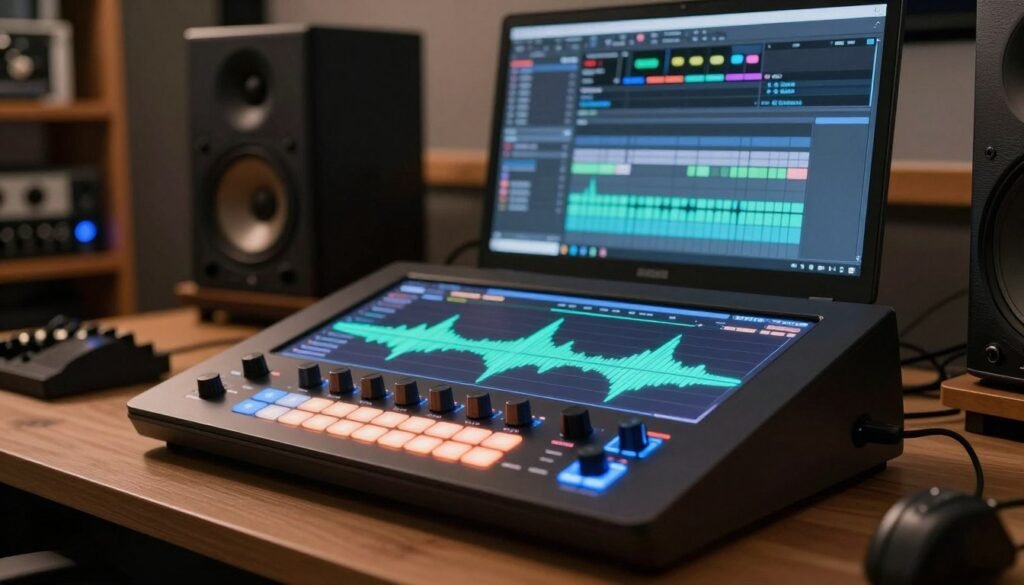 A modern audio music generator device, artistically represented on a sleek desk with a high-tech interface displaying vibrant sound waveforms. In the foreground, features include illuminated buttons and dials with a futuristic design. The middle ground shows a close-up of sound editing software on a computer screen, showcasing music tracks and digital effects. Subtle, warm lighting enhances the atmosphere, creating a sense of innovation and creativity. In the background, blurred shelves filled with audio equipment and instruments hint at a sophisticated studio environment. The angle captures the essence of a tech-savvy workspace, inviting inquiry into the mechanics of music generation. A calm, inspiring mood pervades the scene, emphasizing the relationship between technology and artistry. A modern audio music generator device, artistically represented on a sleek desk with a high-tech interface displaying vibrant sound waveforms. In the foreground, features include illuminated buttons and dials with a futuristic design. The middle ground shows a close-up of sound editing software on a computer screen, showcasing music tracks and digital effects. Subtle, warm lighting enhances the atmosphere, creating a sense of innovation and creativity. In the background, blurred shelves filled with audio equipment and instruments hint at a sophisticated studio environment. The angle captures the essence of a tech-savvy workspace, inviting inquiry into the mechanics of music generation. A calm, inspiring mood pervades the scene, emphasizing the relationship between technology and artistry.