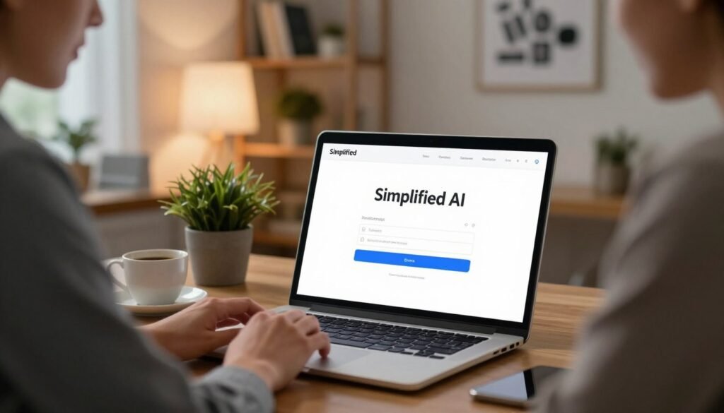 A modern digital workspace depicting the process of logging into Simplified AI. In the foreground, a laptop is open on a wooden desk, displaying the Simplified AI login screen with a sleek user interface. A professional adult in business casual attire is interacting with the laptop, focused and engaged. In the middle background, soft ambient lighting creates a warm, inviting atmosphere, with a potted plant and a cup of coffee on the desk, adding a touch of life. The background features a softly blurred view of a well-organized office space with shelves of books and motivational art on the walls. The overall mood is professional yet approachable, capturing the essence of a user-friendly tech experience.