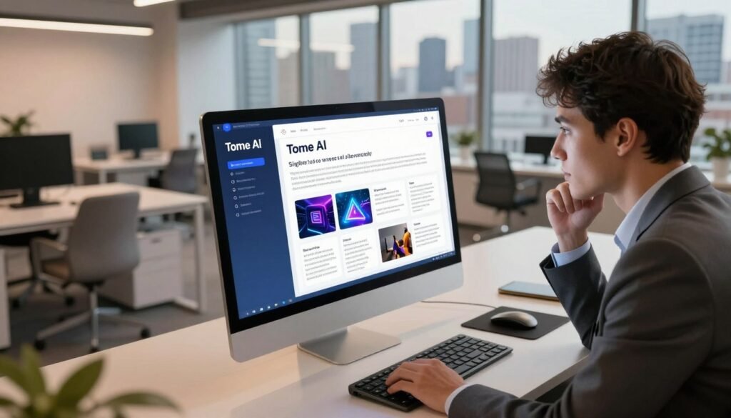 A modern digital workspace illustrating "Tome AI," with a sleek computer displaying a vibrant user interface showcasing AI-generated text and visual summaries. In the foreground, a young professional in formal business attire examines the screen with a thoughtful expression, embodying curiosity and engagement. The middle layer features a sophisticated, open-plan office with minimalistic furniture and soft ambient lighting, suggesting focus and productivity. The background reveals large windows with a city skyline, creating a contrast of technology against the urban landscape. A warm color palette bathes the scene, reflecting innovation and optimism. The angle is slightly tilted from above, providing a dynamic perspective that highlights both the user and the advanced technology, capturing the mood of exploration and the potential benefits of Tome AI.