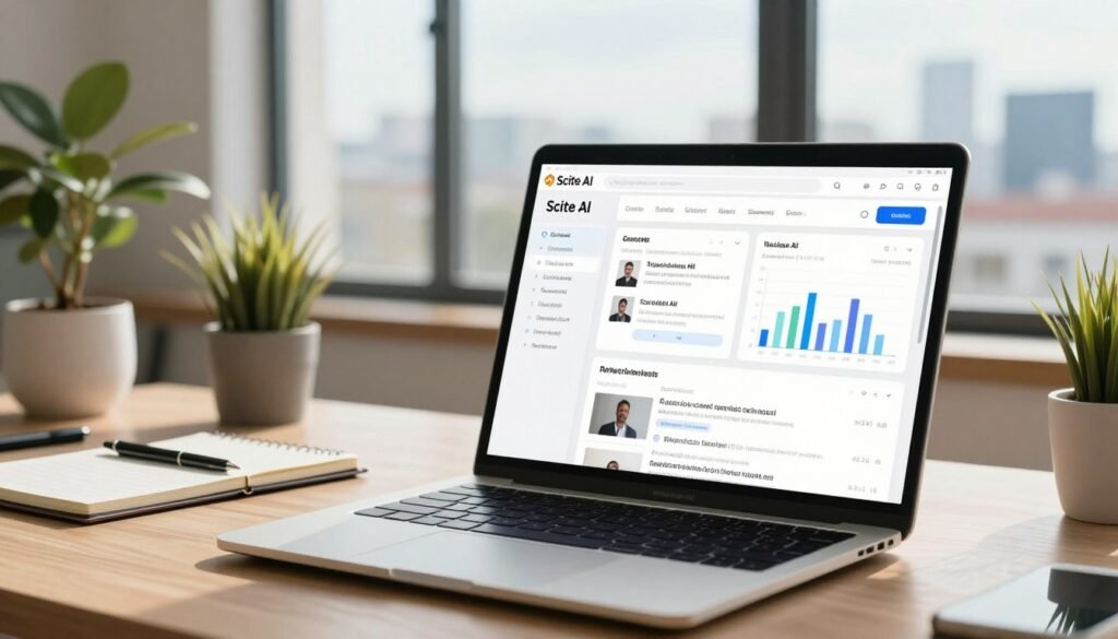 A modern digital workspace showcasing key features of Scite AI. In the foreground, a sleek laptop with an open Scite AI interface displaying citation features, analytics graphs, and related research articles, all well-organized and visually appealing. The middle layer includes a well-lit desk with professional stationery, a plant for a refreshing touch, and a notepad for notes. In the background, a large window reveals a view of a cityscape under a bright sky, casting natural light onto the scene to create an inviting atmosphere. The entire composition should convey a sense of innovation and professionalism, emphasizing the importance of advanced AI in research and academia. Use soft lighting to create a warm, approachable mood. A modern digital workspace showcasing key features of Scite AI. In the foreground, a sleek laptop with an open Scite AI interface displaying citation features, analytics graphs, and related research articles, all well-organized and visually appealing. The middle layer includes a well-lit desk with professional stationery, a plant for a refreshing touch, and a notepad for notes. In the background, a large window reveals a view of a cityscape under a bright sky, casting natural light onto the scene to create an inviting atmosphere. The entire composition should convey a sense of innovation and professionalism, emphasizing the importance of advanced AI in research and academia. Use soft lighting to create a warm, approachable mood.