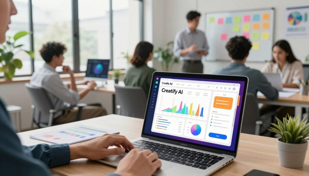 A modern digital workspace showcasing the concept of "Creatify AI" and its diverse use cases. In the foreground, display a sleek laptop with a vibrant screen illustrating the Creatify AI interface filled with colorful graphs and interactive tools. To the left, include a professional individual in business attire, deeply engaged in the task, with a thoughtful expression. In the middle ground, a brainstorming session featuring diverse professionals collaborating over sticky notes and digital devices, suggesting creativity and innovation. The background should feature a bright, airy office space with large windows, plants, and tech gadgets to enhance the atmosphere of productivity. Soft, natural lighting filters through the windows, creating a motivating and inspiring mood, captured in a slightly elevated angle to encompass the entire scene. A modern digital workspace showcasing the concept of "Creatify AI" and its diverse use cases. In the foreground, display a sleek laptop with a vibrant screen illustrating the Creatify AI interface filled with colorful graphs and interactive tools. To the left, include a professional individual in business attire, deeply engaged in the task, with a thoughtful expression. In the middle ground, a brainstorming session featuring diverse professionals collaborating over sticky notes and digital devices, suggesting creativity and innovation. The background should feature a bright, airy office space with large windows, plants, and tech gadgets to enhance the atmosphere of productivity. Soft, natural lighting filters through the windows, creating a motivating and inspiring mood, captured in a slightly elevated angle to encompass the entire scene.
