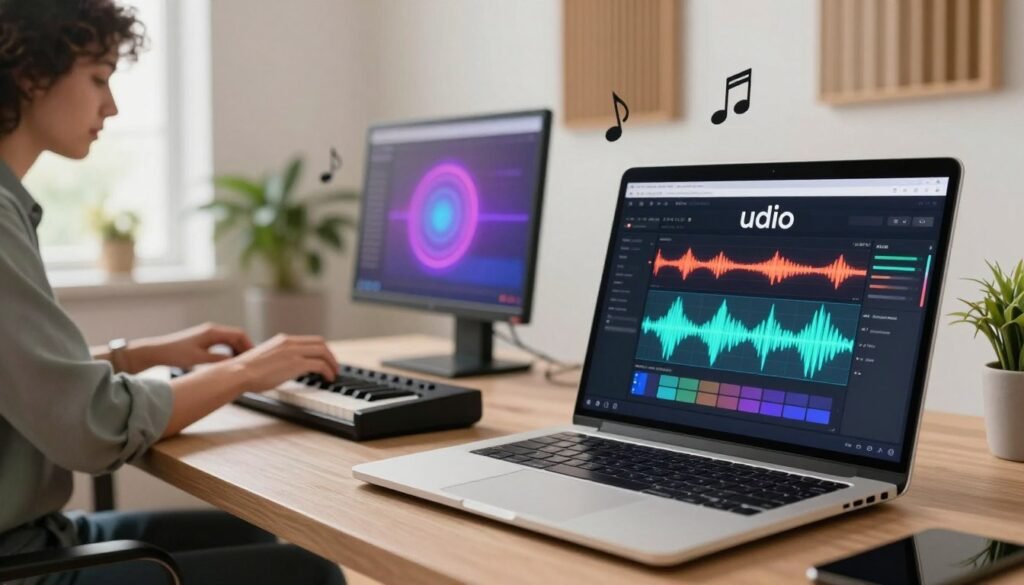 A modern digital workspace showcasing the key features of Udio AI for music creation. In the foreground, a sleek laptop open to Udio's interface, displaying colorful audio waveforms and intuitive navigation tools. To the left, an artist wearing casual but professional attire, focused on composing music using a MIDI keyboard. In the middle ground, vibrant sound visualizations and music notes floating around, illustrating creativity in action. The background features a bright, well-lit room with acoustic panels and plants, enhancing the artistic ambiance. Soft, natural lighting illuminates the scene, creating a warm and inviting atmosphere. The composition should have a dynamic and inspirational feel, encouraging creativity and innovation in music making. A modern digital workspace showcasing the key features of Udio AI for music creation. In the foreground, a sleek laptop open to Udio's interface, displaying colorful audio waveforms and intuitive navigation tools. To the left, an artist wearing casual but professional attire, focused on composing music using a MIDI keyboard. In the middle ground, vibrant sound visualizations and music notes floating around, illustrating creativity in action. The background features a bright, well-lit room with acoustic panels and plants, enhancing the artistic ambiance. Soft, natural lighting illuminates the scene, creating a warm and inviting atmosphere. The composition should have a dynamic and inspirational feel, encouraging creativity and innovation in music making.