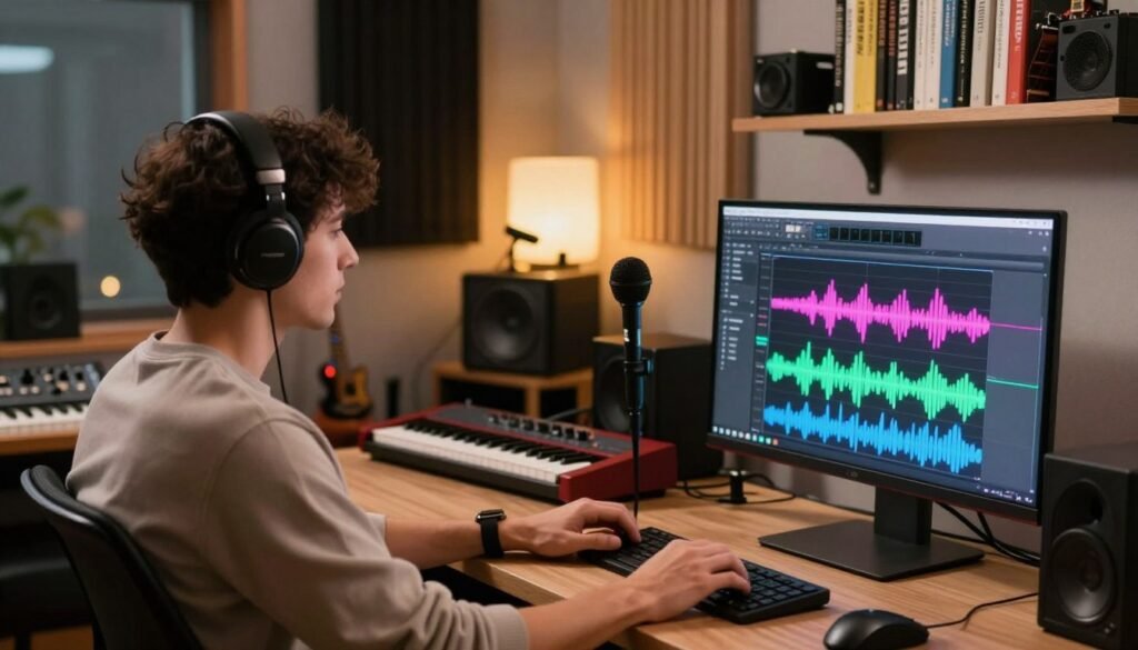 A modern digital workspace showcasing the process of creating music with Stable Audio AI. In the foreground, a professional wearing smart casual attire sits at a sleek computer setup with audio editing software open, colorful sound waveforms visible on the screen. In the middle, a vibrant array of musical instruments like a keyboard and microphone are artistically arranged, highlighting the blend of technology and traditional music creation. The background features a cozy studio with soundproof walls, soft ambient lighting that creates a warm atmosphere, and shelves filled with music-related books and equipment. The overall mood is creative and inspiring, inviting viewers into the world of music production. A modern digital workspace showcasing the process of creating music with Stable Audio AI. In the foreground, a professional wearing smart casual attire sits at a sleek computer setup with audio editing software open, colorful sound waveforms visible on the screen. In the middle, a vibrant array of musical instruments like a keyboard and microphone are artistically arranged, highlighting the blend of technology and traditional music creation. The background features a cozy studio with soundproof walls, soft ambient lighting that creates a warm atmosphere, and shelves filled with music-related books and equipment. The overall mood is creative and inspiring, inviting viewers into the world of music production.