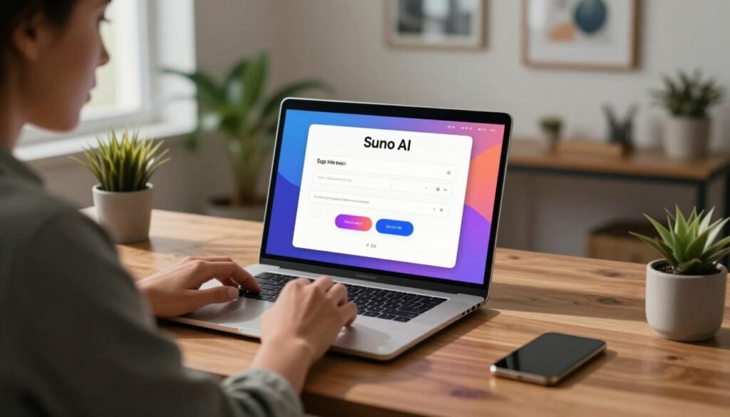 A modern digital workspace showcasing the process of signing up for Suno AI, featuring a sleek laptop on a stylish wooden desk. In the foreground, a focused individual in smart casual attire is engaging with the laptop, dim lighting accentuating a thoughtful expression. The middle layer displays the laptop screen showing an inviting, well-designed sign-up form for Suno AI, with bright colors and intuitive icons. In the background, a softly blurred home office environment with inspiring decor, such as framed art and green plants, establishing a creative atmosphere. The overall mood is motivating and tech-savvy, illuminated by warm, natural light filtering through a nearby window, adding a touch of professionalism to the scene. A modern digital workspace showcasing the process of signing up for Suno AI, featuring a sleek laptop on a stylish wooden desk. In the foreground, a focused individual in smart casual attire is engaging with the laptop, dim lighting accentuating a thoughtful expression. The middle layer displays the laptop screen showing an inviting, well-designed sign-up form for Suno AI, with bright colors and intuitive icons. In the background, a softly blurred home office environment with inspiring decor, such as framed art and green plants, establishing a creative atmosphere. The overall mood is motivating and tech-savvy, illuminated by warm, natural light filtering through a nearby window, adding a touch of professionalism to the scene.