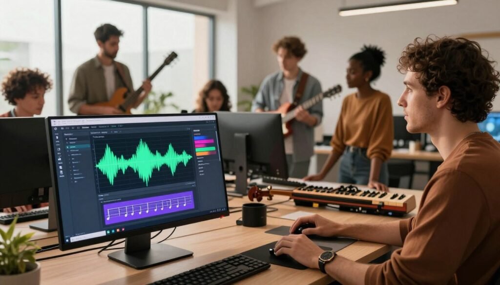 A modern, futuristic workspace showcasing "Suno AI" as an advanced AI music creation tool. In the foreground, a sleek computer monitor is lit up with the Suno AI interface, displaying colorful waveforms and musical notations. A professional, diverse group of individuals, dressed in smart casual attire, engage with the software, showcasing collaboration; they are focused, with expressions of creativity and curiosity. In the middle, various musical instruments are scattered across the desk, hinting at the blend of technology and traditional music-making. The background features large windows allowing warm natural light to pour in, enhancing the inviting atmosphere. The overall mood is vibrant and inspiring, highlighting innovation in music creation. Use a wide-angle lens to capture the immersive environment while maintaining a clear focus on the Suno AI interface. A modern, futuristic workspace showcasing "Suno AI" as an advanced AI music creation tool. In the foreground, a sleek computer monitor is lit up with the Suno AI interface, displaying colorful waveforms and musical notations. A professional, diverse group of individuals, dressed in smart casual attire, engage with the software, showcasing collaboration; they are focused, with expressions of creativity and curiosity. In the middle, various musical instruments are scattered across the desk, hinting at the blend of technology and traditional music-making. The background features large windows allowing warm natural light to pour in, enhancing the inviting atmosphere. The overall mood is vibrant and inspiring, highlighting innovation in music creation. Use a wide-angle lens to capture the immersive environment while maintaining a clear focus on the Suno AI interface.