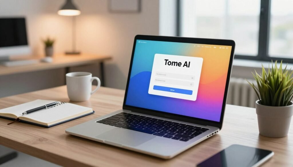 A modern office environment featuring a sleek computer setup focused on a "Tome AI" login screen. In the foreground, a stylish laptop is open, displaying a colorful and user-friendly login interface with fields for username and password. The middle ground includes a tasteful desk adorned with a notebook, a coffee mug, and a potted plant, embodying a professional atmosphere. In the background, soft ambient lighting illuminates a minimalist workspace, while large windows let in natural light, casting gentle shadows. The scene conveys a sense of innovation and accessibility, inviting users to dive into the world of Tome AI. Capture this view from a slightly elevated angle, ensuring the focus remains on the laptop interface and the inviting workspace setting.