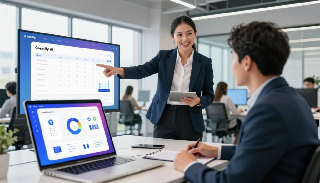 A modern office environment showcasing a digital screen displaying the features and pricing plans of Creatify AI. In the foreground, there's a sleek laptop open with a vibrant interface filled with charts and icons that represent the AI features, such as automation, analytics, and user-friendly design. In the middle, a confident professional in smart business attire points towards the screen, engaging with a colleague. The background reveals a contemporary workspace with large windows allowing natural light to pour in, creating a bright and welcoming atmosphere. The scene is captured with a wide-angle lens, emphasizing the dynamic interaction among the professionals, evoking a sense of innovation and collaboration in a tech-forward setting. A modern office environment showcasing a digital screen displaying the features and pricing plans of Creatify AI. In the foreground, there's a sleek laptop open with a vibrant interface filled with charts and icons that represent the AI features, such as automation, analytics, and user-friendly design. In the middle, a confident professional in smart business attire points towards the screen, engaging with a colleague. The background reveals a contemporary workspace with large windows allowing natural light to pour in, creating a bright and welcoming atmosphere. The scene is captured with a wide-angle lens, emphasizing the dynamic interaction among the professionals, evoking a sense of innovation and collaboration in a tech-forward setting.
