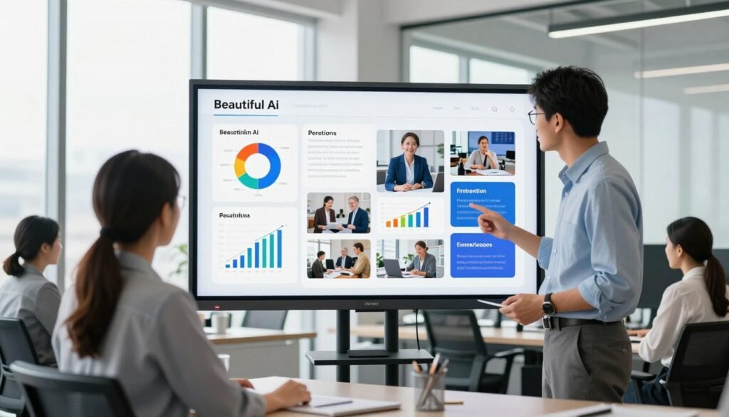 A modern office environment showcasing a professional male and female team engaged in a presentation using Beautiful.ai on a large screen. In the foreground, the two team members, dressed in smart business attire, are discussing a visually engaging presentation filled with vibrant colors and dynamic graphics. The middle of the image features the large screen displaying an array of beautifully designed slides with charts and images that highlight effective presentation techniques. Soft natural light floods through large windows in the background, creating a bright and inviting atmosphere. The overall mood is collaborative and inspiring, emphasizing innovation and creativity in presentation design. A sleek and minimalist office decor enhances the professional setting. A modern office environment showcasing a professional male and female team engaged in a presentation using Beautiful.ai on a large screen. In the foreground, the two team members, dressed in smart business attire, are discussing a visually engaging presentation filled with vibrant colors and dynamic graphics. The middle of the image features the large screen displaying an array of beautifully designed slides with charts and images that highlight effective presentation techniques. Soft natural light floods through large windows in the background, creating a bright and inviting atmosphere. The overall mood is collaborative and inspiring, emphasizing innovation and creativity in presentation design. A sleek and minimalist office decor enhances the professional setting.